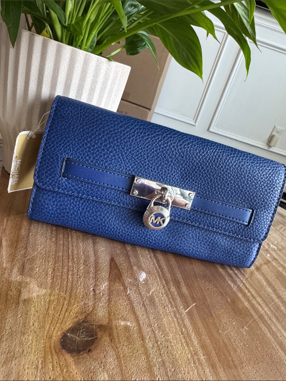 Michael Kors Royal Blue Pebbled Leather Clutch Wallet with MK Charm Lock
